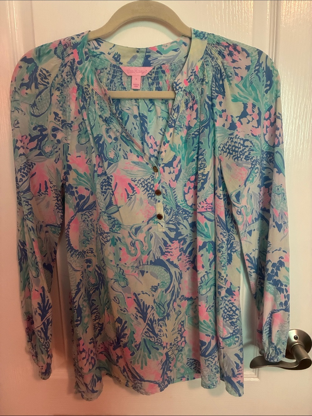 Lilly Pulitzer Mint, Pink & Navy Tropical Henley Blouse
